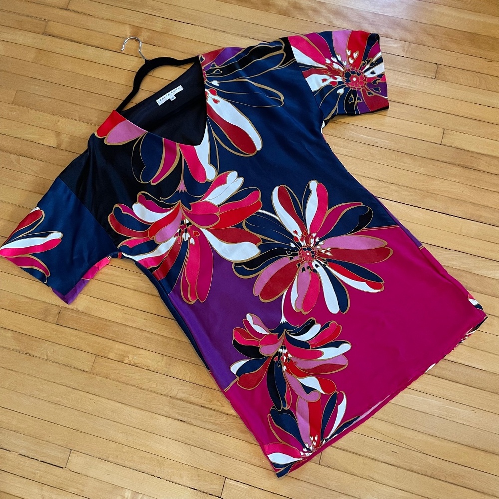TRINA TURK Caftan Shift Dress Midi Colorful Bold Floral Kimono Sleeve Resort